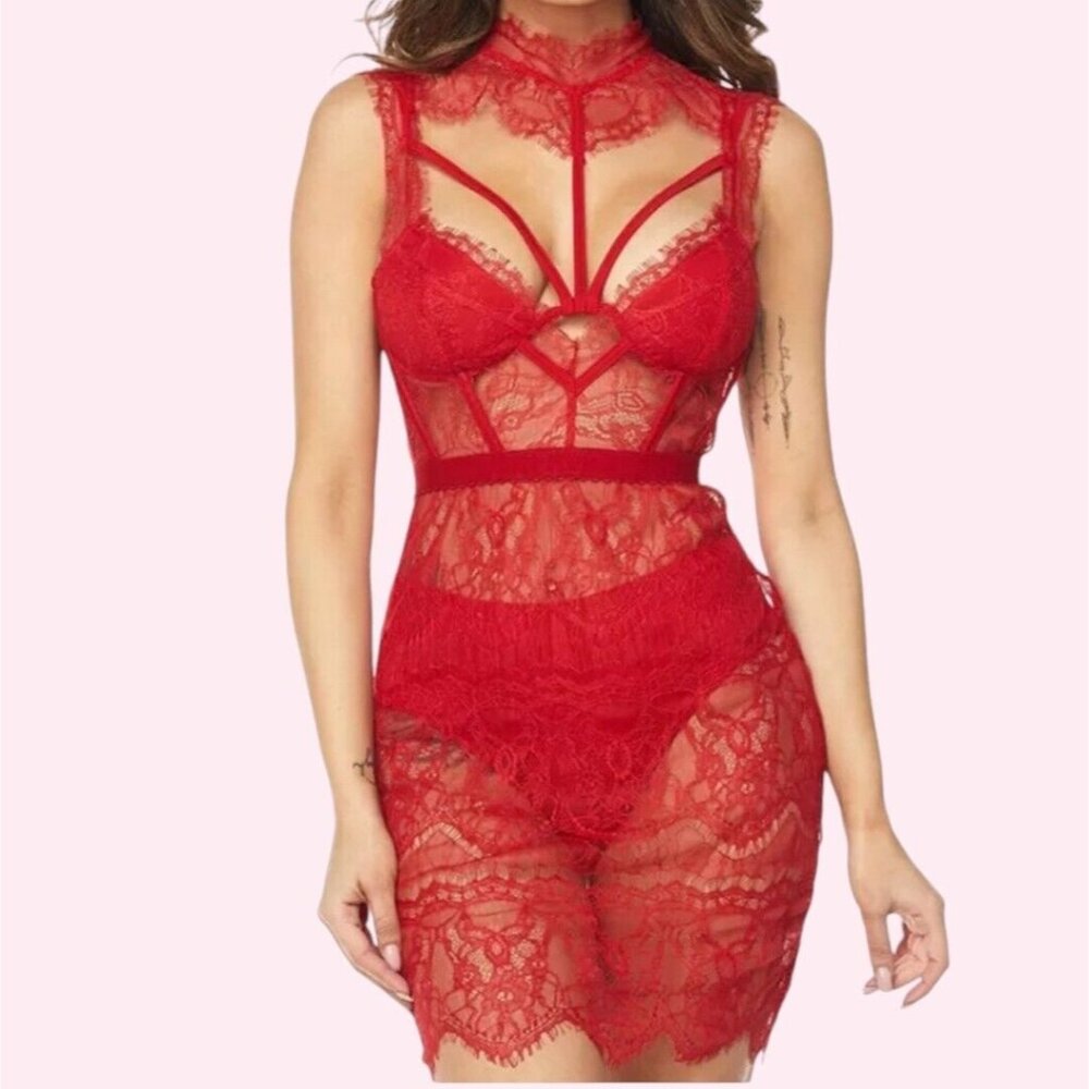 Sexy Sheer Red Lace Mesh Lingerie Dress Bodycon (Fits Like XS)